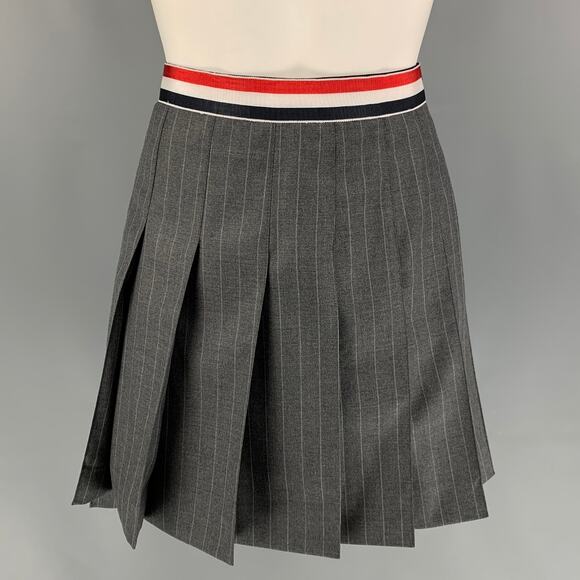 THOM BROWNE Size 2 Gray Charcoal Wool Pleated Flannel Mini Skirt - Picture 1 of 7